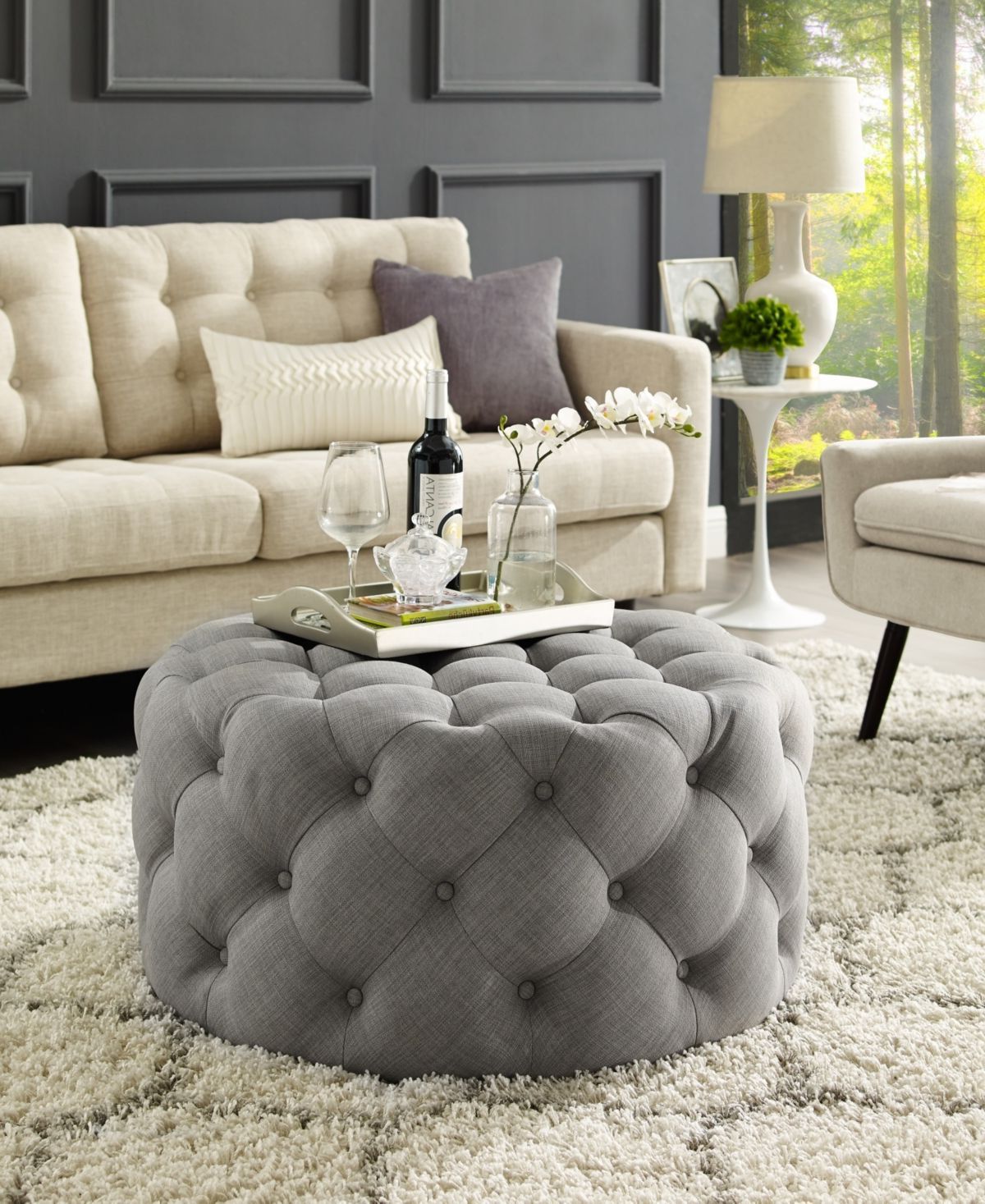 Popular Inspired Home Bella Upholstered Tufted Allover Round Cocktail Ottoman For Gray Tufted Cocktail Ottomans (View 2 of 10)
