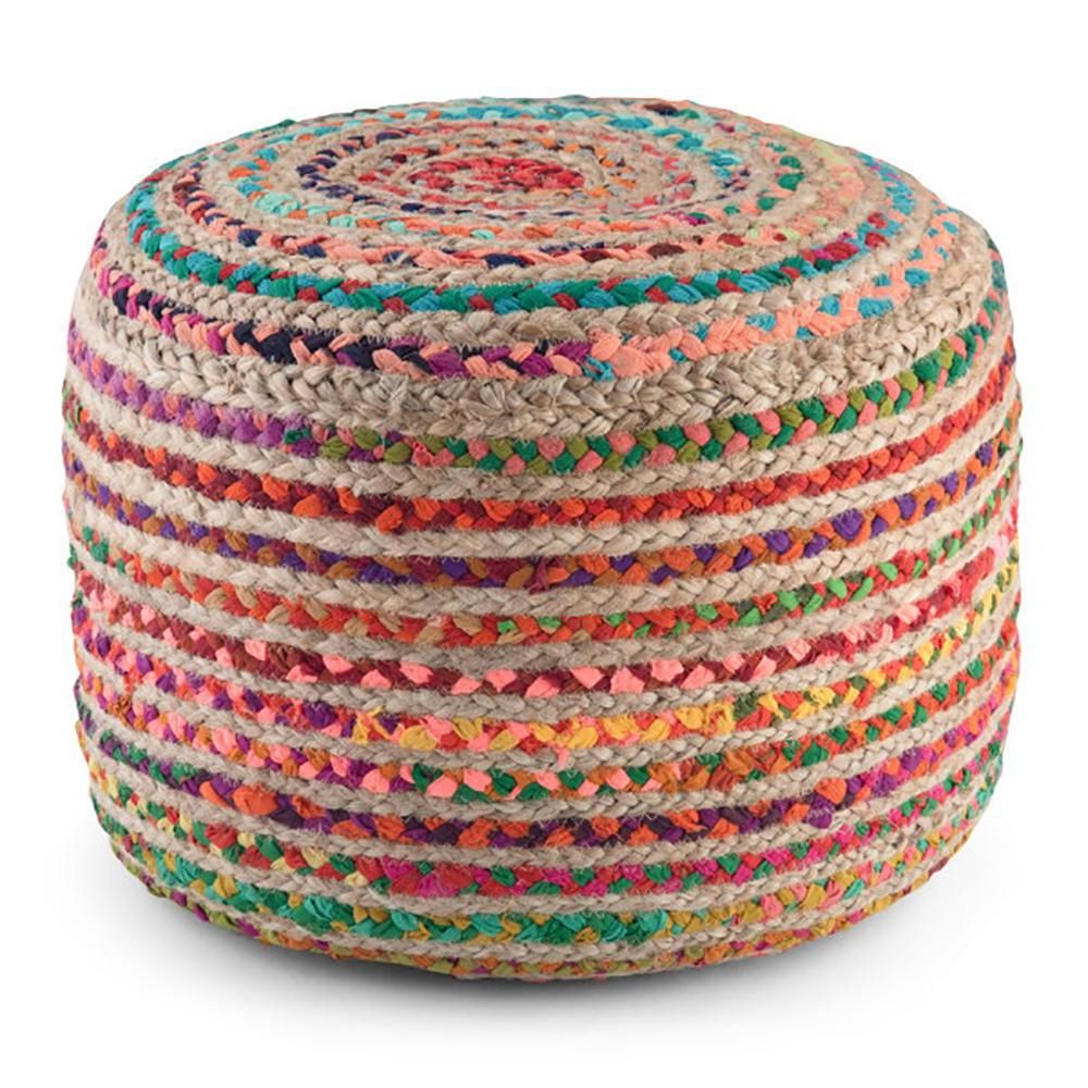 Popular Simpli Home Margo Contemporary Round Pouf In Multi Color Braided Jute Throughout Scandinavia Knit Tan Wool Cube Pouf Ottomans (View 10 of 10)
