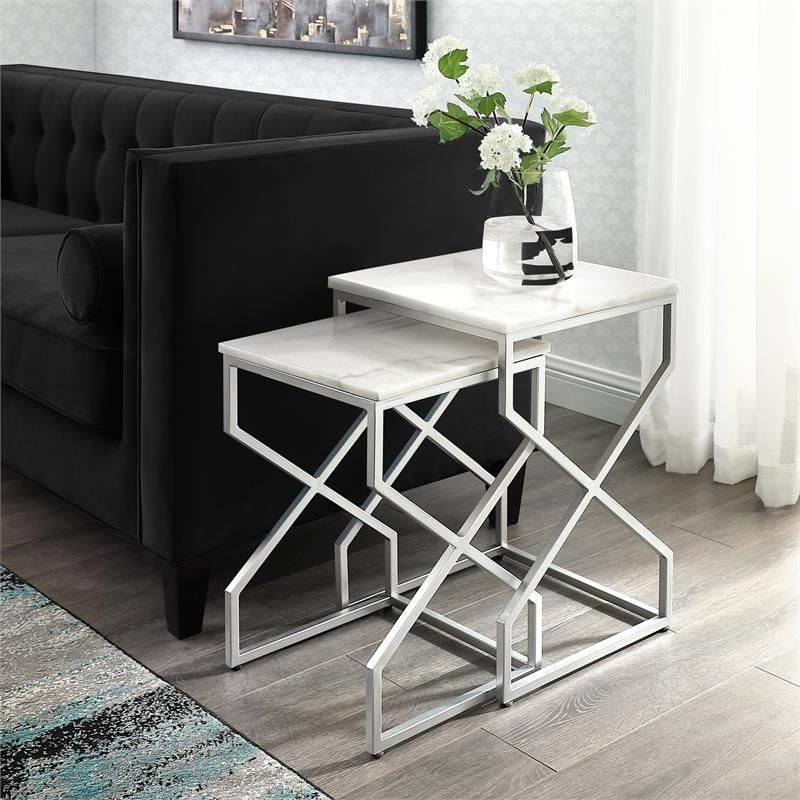 Posh Living Navarro Square Marble Top Nesting End Table In Silver For Well Known Square Modern Accent Tables (View 1 of 10)