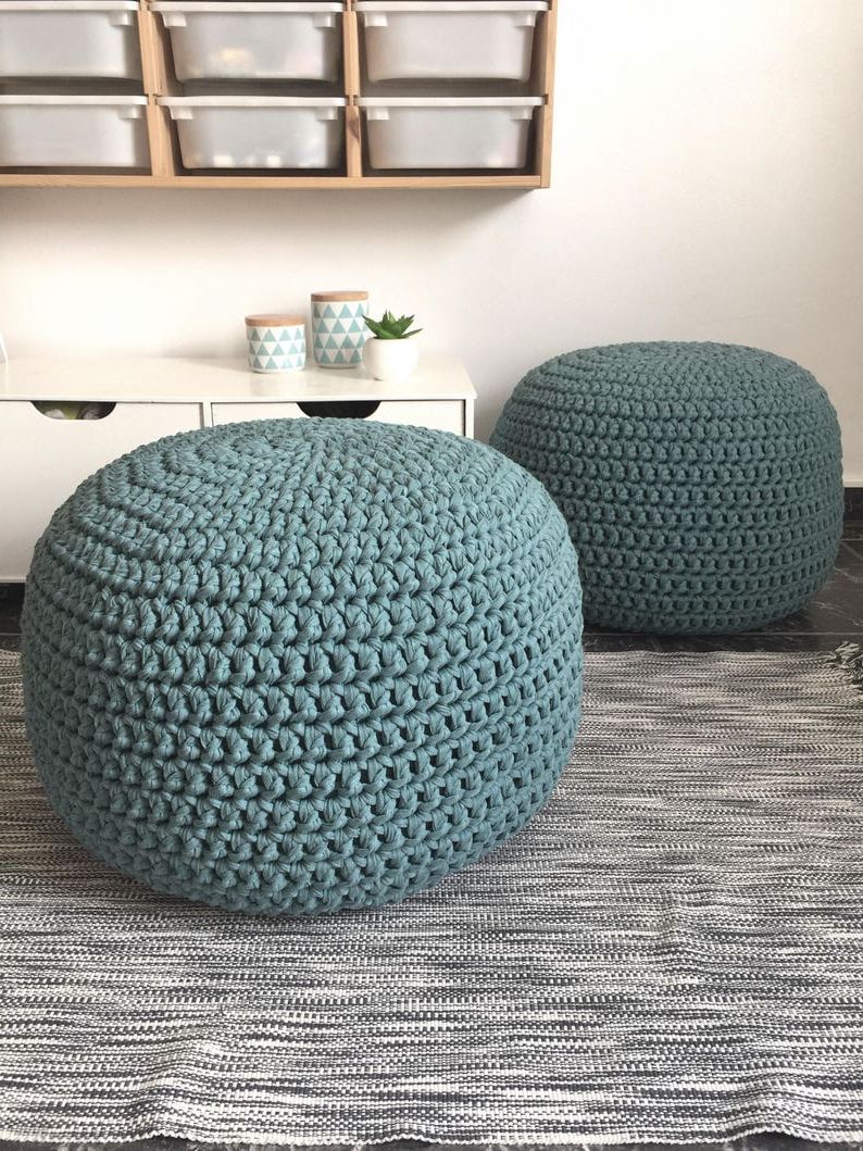 Pouf Textured Blue Round Pouf Ottomans Pertaining To Favorite Petrol Blue Crochet Pouf Ottoman Teal Round Knit Footstool (View 2 of 10)