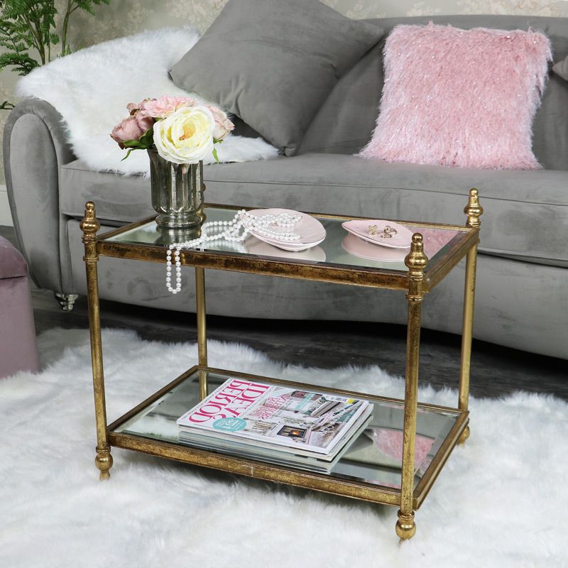 Preferred Antique Blue Gold Coffee Tables Throughout Small Rectangle Antique Gold Mirrored Coffee Table – Melody Maison® (View 2 of 10)