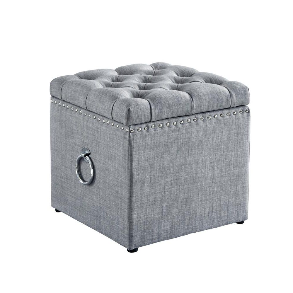 Preferred Inspired Home Micella Light Grey/chrome Linen Nailhead Trim Cube For Light Blue And Gray Solid Cube Pouf Ottomans (View 7 of 10)