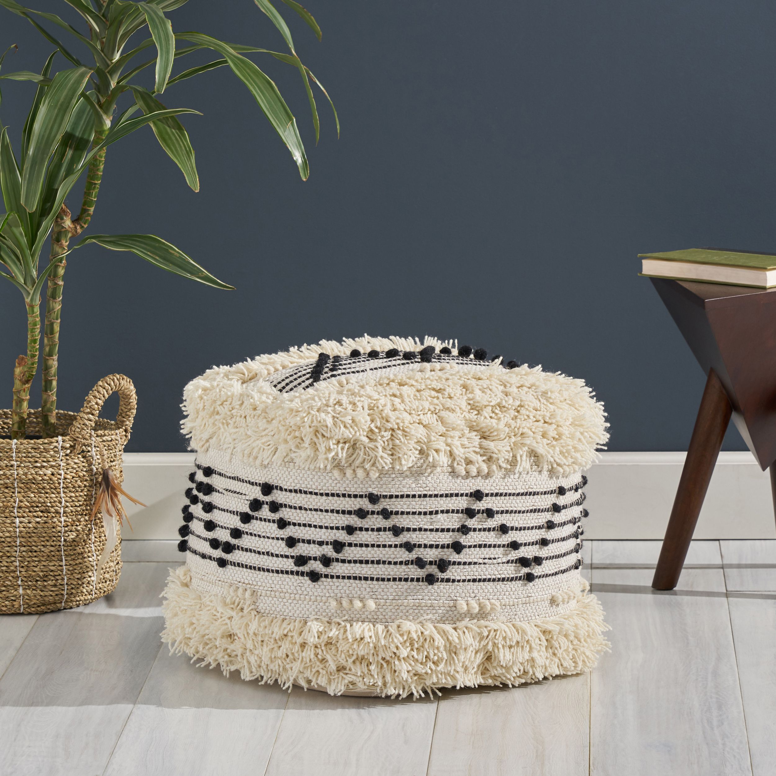 Preferred Noble House Kace Boho Cotton Ottoman Pouf, Ivory, Black – Walmart Intended For Black And Natural Cotton Pouf Ottomans (View 1 of 10)