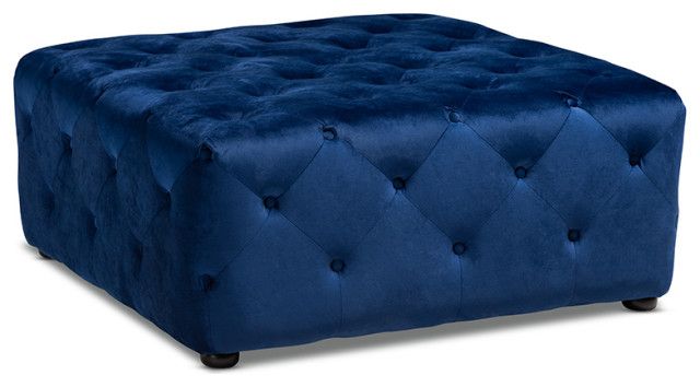Preferred Royal Blue Tufted Cocktail Ottomans With Calvetti Royal Blue Velvet Fabric Upholstered Button Tufted Cocktail (View 1 of 10)