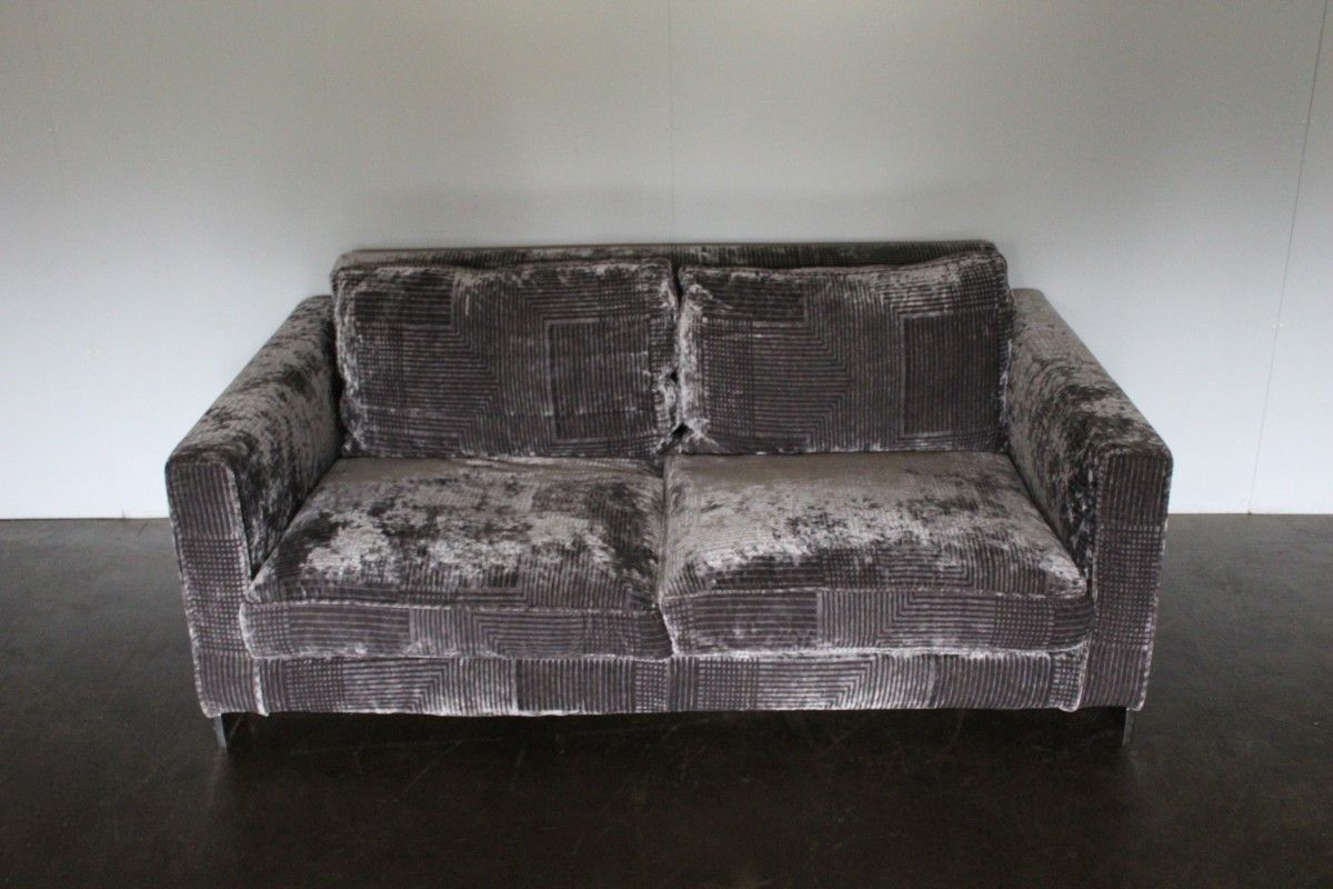 Rare Molteni & C "reversi" 2 Sofa & Ottoman Suite In Sensational Silver Pertaining To Recent Round Gray And Black Velvet Ottomans Set Of  (View 2 of 10)