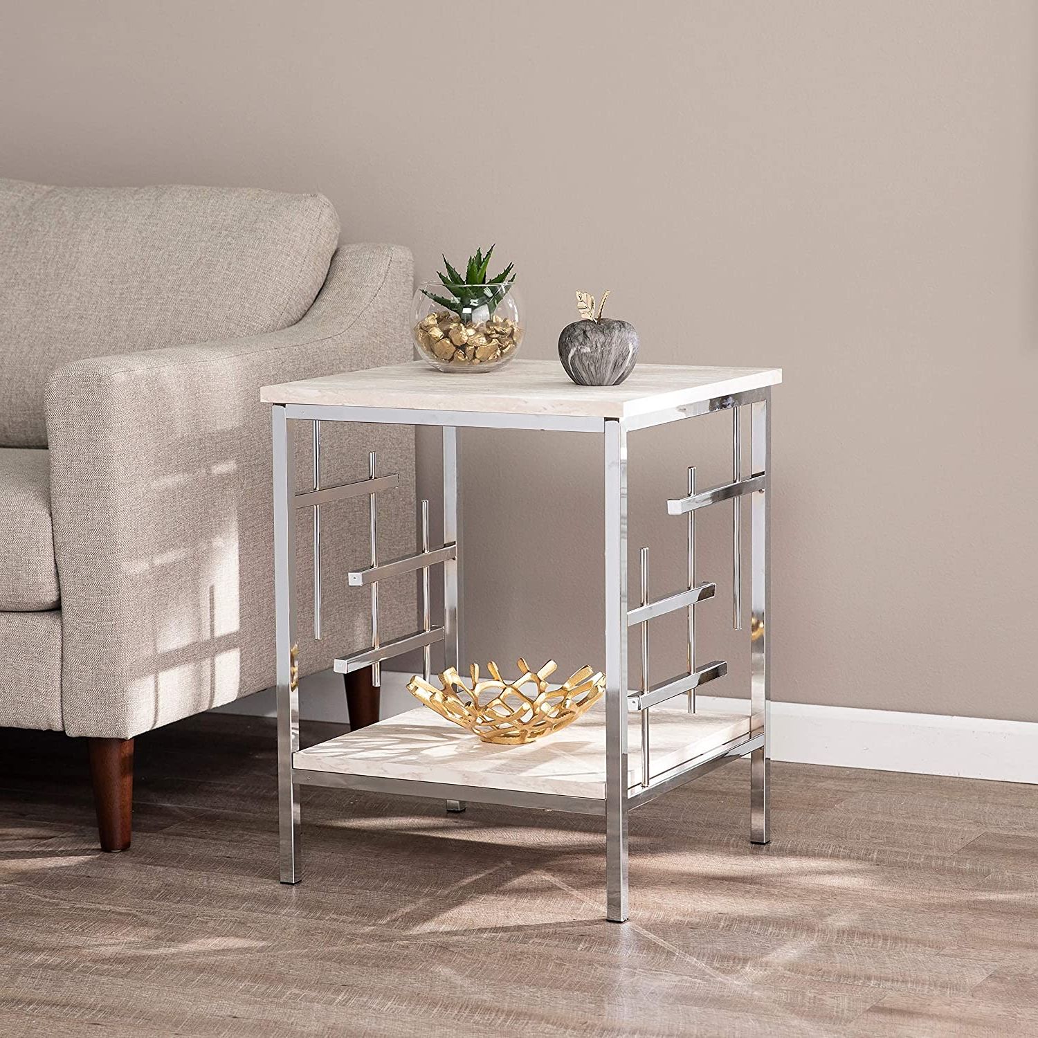 Recent Gray Wood Veneer Cocktail Tables Pertaining To Amazon: Marble End Table Grey Silver White Glam Square Rattan (View 4 of 10)