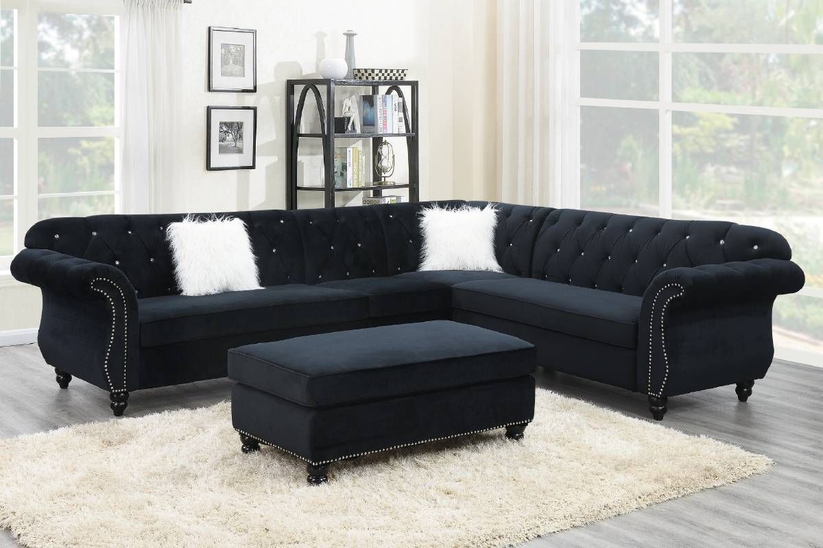 Recent Round Gray And Black Velvet Ottomans Set Of 2 Throughout 3 Pcs Sectional Set In Black Velvet – Half Price Furniture (View 9 of 10)