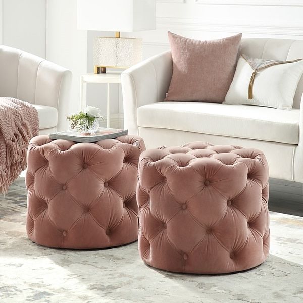 Recent Silver Chevron Velvet Fabric Ottomans With Silver Orchid Holm Velvet Or Linen Round Tufted Ottoman – Overstock (View 9 of 10)
