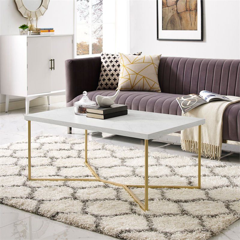 Rectangle Coffee Table With White Faux Marble Top And Gold Base With Regard To Trendy Faux Marble Coffee Tables (View 8 of 10)