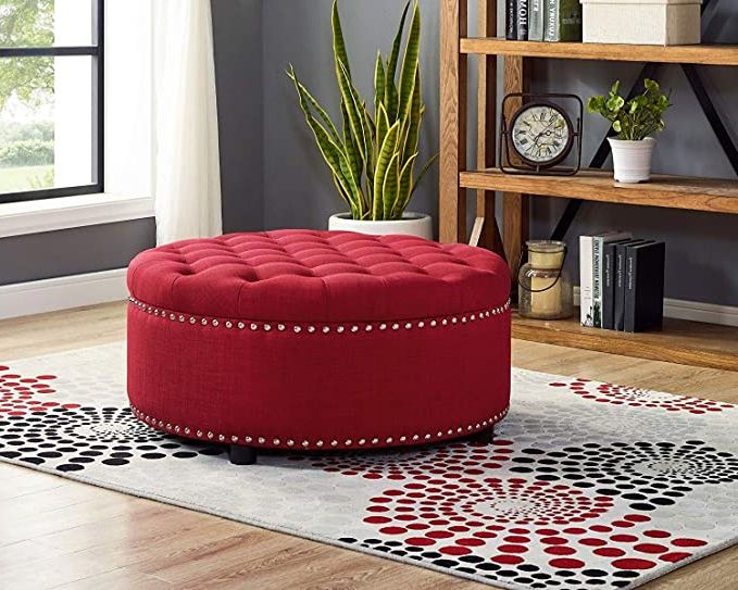 Red Fabric Square Storage Ottomans With Pillows Regarding Best And Newest Amazon: Dazone Round Storage Ottoman, Fabric Upholstered Ottoman (View 4 of 10)