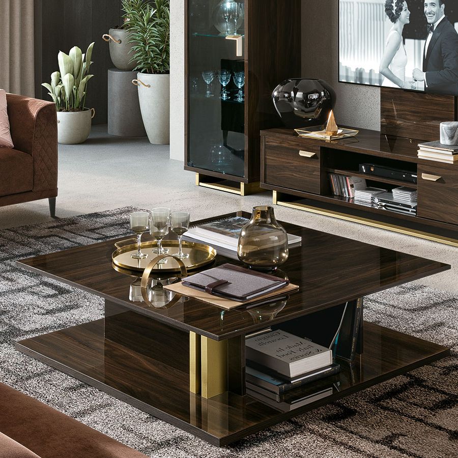 Roma Walnut & Gold Square Coffee Table – Lycroft Interiors For Trendy White Grained Wood Hexagonal Coffee Tables (View 2 of 10)