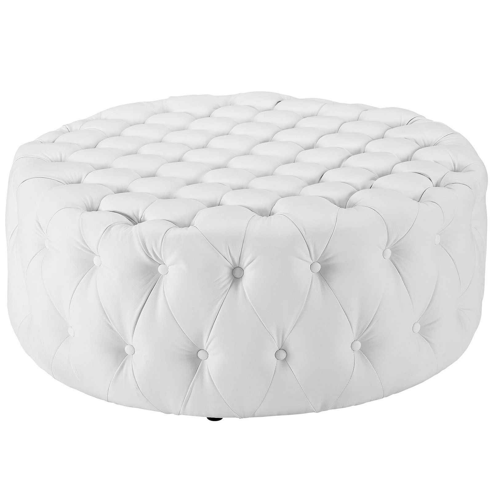 Round Blue Faux Leather Ottomans With Pull Tab In Most Current Button Tufted Faux Leather Upholstered Round Ottoman In White (View 7 of 10)