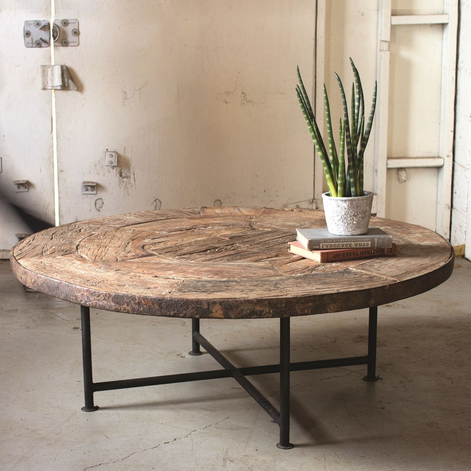 Round Coffee Table From Recycled Vintage Wood Wagon Wheel Designer Inside Well Liked Round Iron Coffee Tables (View 7 of 10)