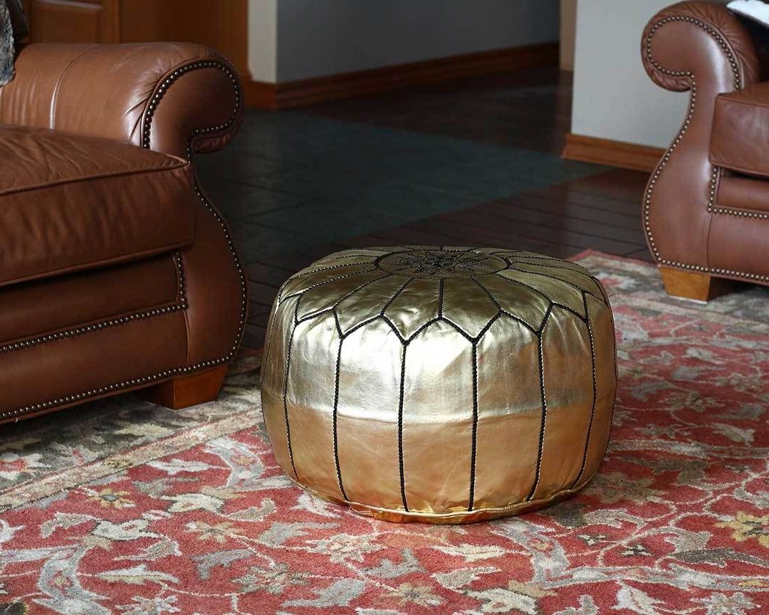 Round Gold Faux Leather Ottomans With Pull Tab With Regard To Well Liked Gold With Black Stitching Leather Pouf (with Images) (View 3 of 10)