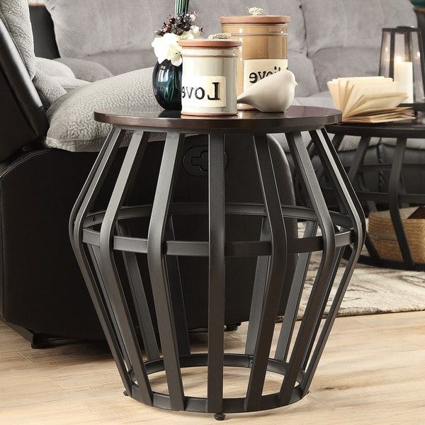 Round Gold Metal Cage Nesting Ottomans Set Of 2 For Most Up To Date Tribecca Home Devon Metal Frame Round Cage Slate Accent End Table (View 10 of 10)