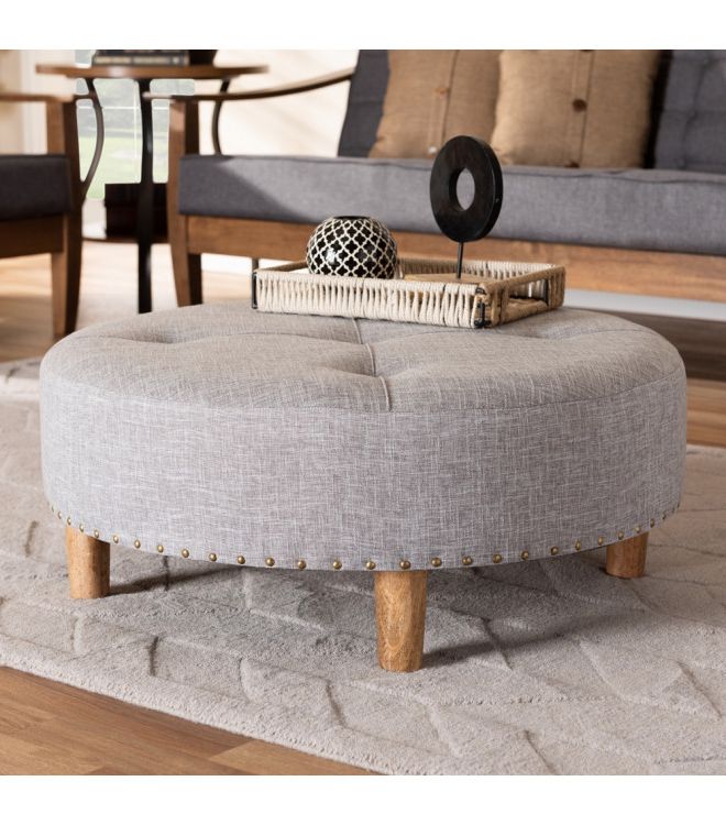 Round Light Grey Tufted Fabric Ottoman Cocktail Table Intended For Preferred Beige And Light Gray Fabric Pouf Ottomans (View 8 of 10)