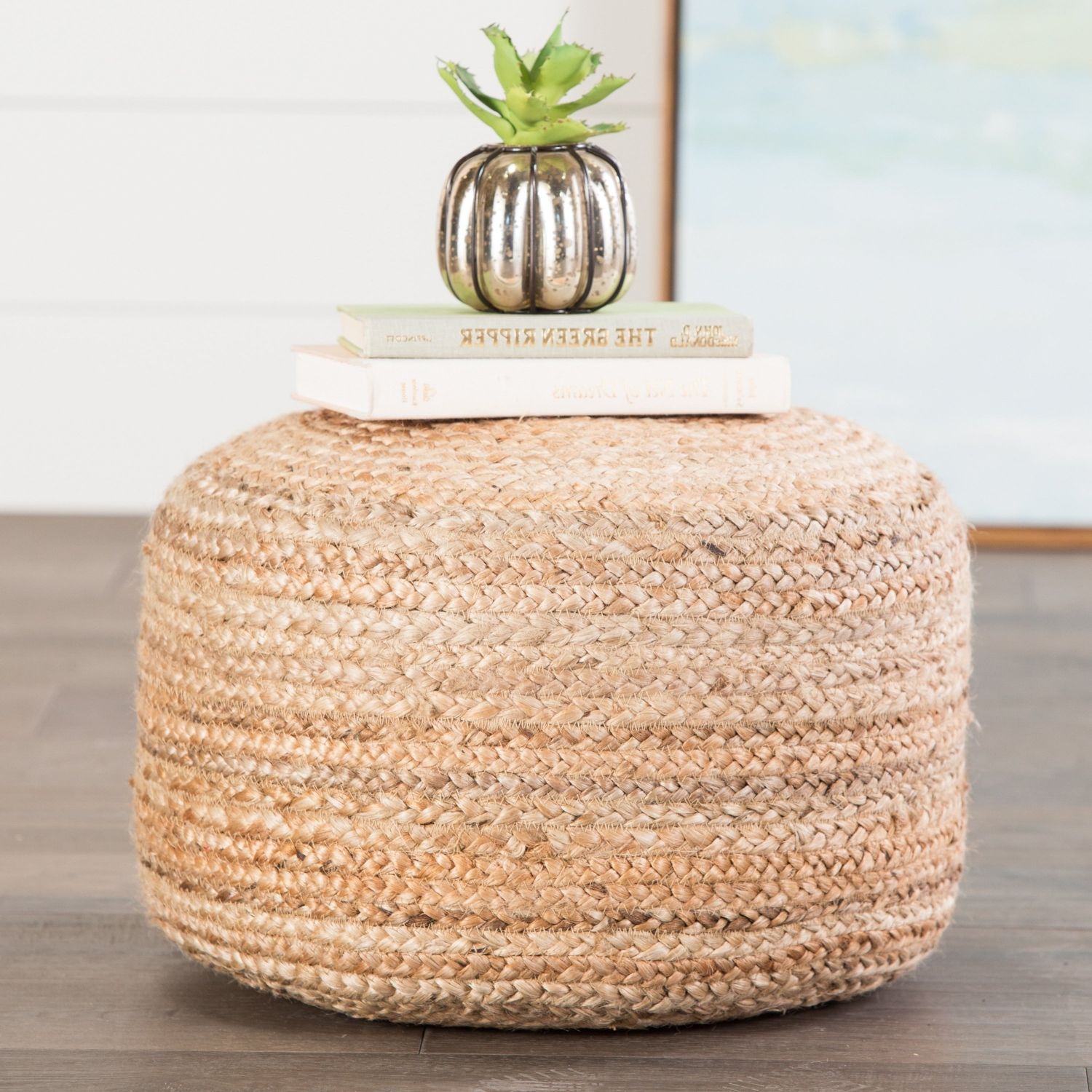 Round Natural Jute Pouf Tan Ottoman Cylindrical Footstool Braided Woven For 2019 Natural Fabric Square Ottomans (View 1 of 10)