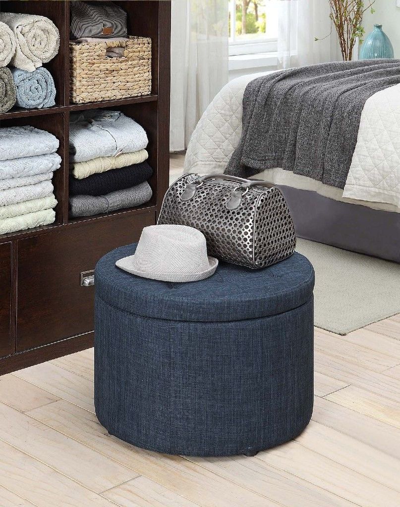 Round Shoe Ottoman In Blue Linen – Convenience Concepts 161546fbe In For Most Recently Released Blue Round Storage Ottomans Set Of  (View 8 of 10)
