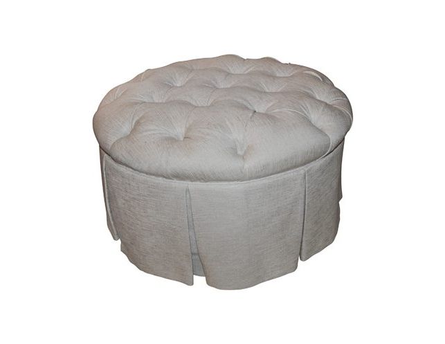 Round Tufted Ottoman In Beige Linen • The Local Vault With Regard To Current Neutral Beige Linen Pouf Ottomans (View 10 of 10)