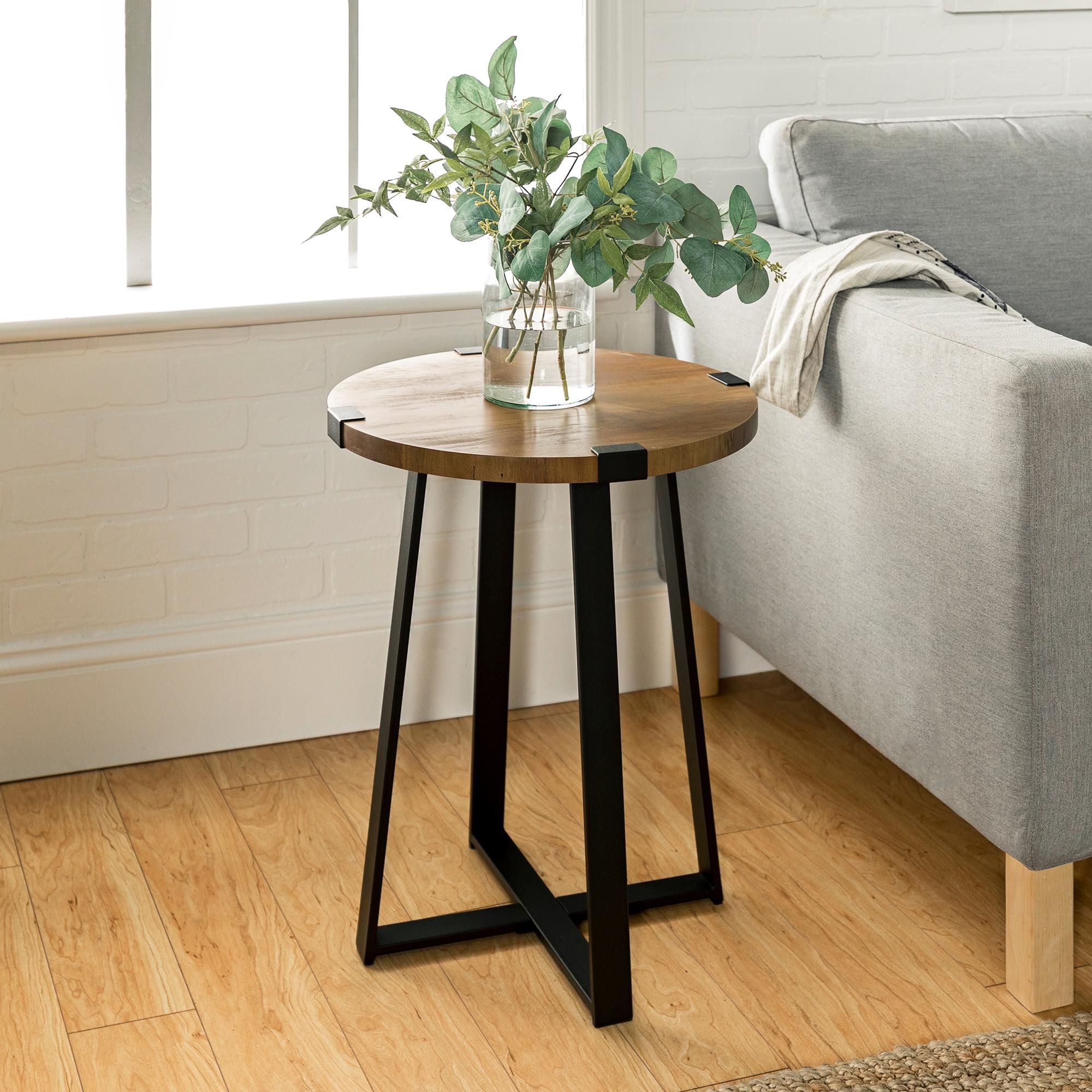 Rustic 18" Wide Metal Legs And Oak Top Round Side Table (View 8 of 10)