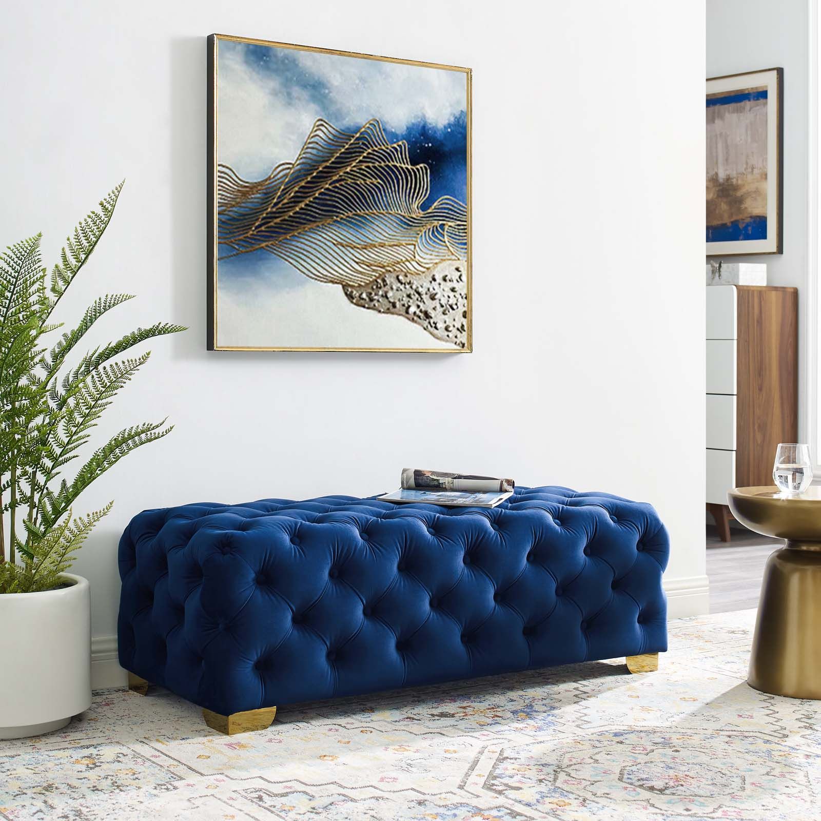 Sensible Button Tufted Performance Velvet Bench Navy Inside Fashionable Navy Velvet Fabric Benches (View 4 of 10)