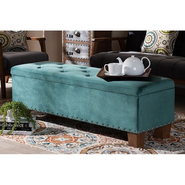 Shop Adrian Teal Blue Velvet Fabric Button Tufted Storage Ottoman Bench With Most Recently Released Blue Fabric Storage Ottomans (View 10 of 10)
