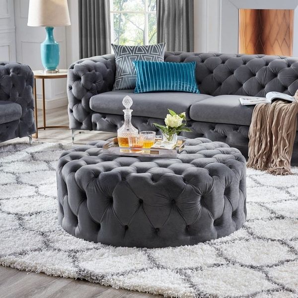 Shop Corvus Tufted Velvet Round Chesterfield Ottoman With Casters Throughout Recent Cream Chevron Velvet Fabric Ottomans (View 5 of 10)