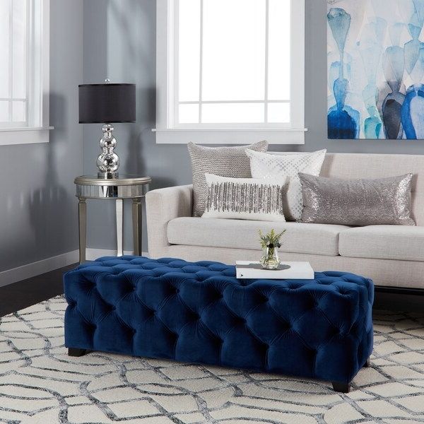 Silver Chevron Velvet Fabric Ottomans With Regard To 2019 Piper Tufted Velvet Fabric Rectangle Ottoman Bench In Navy Blue (View 2 of 10)