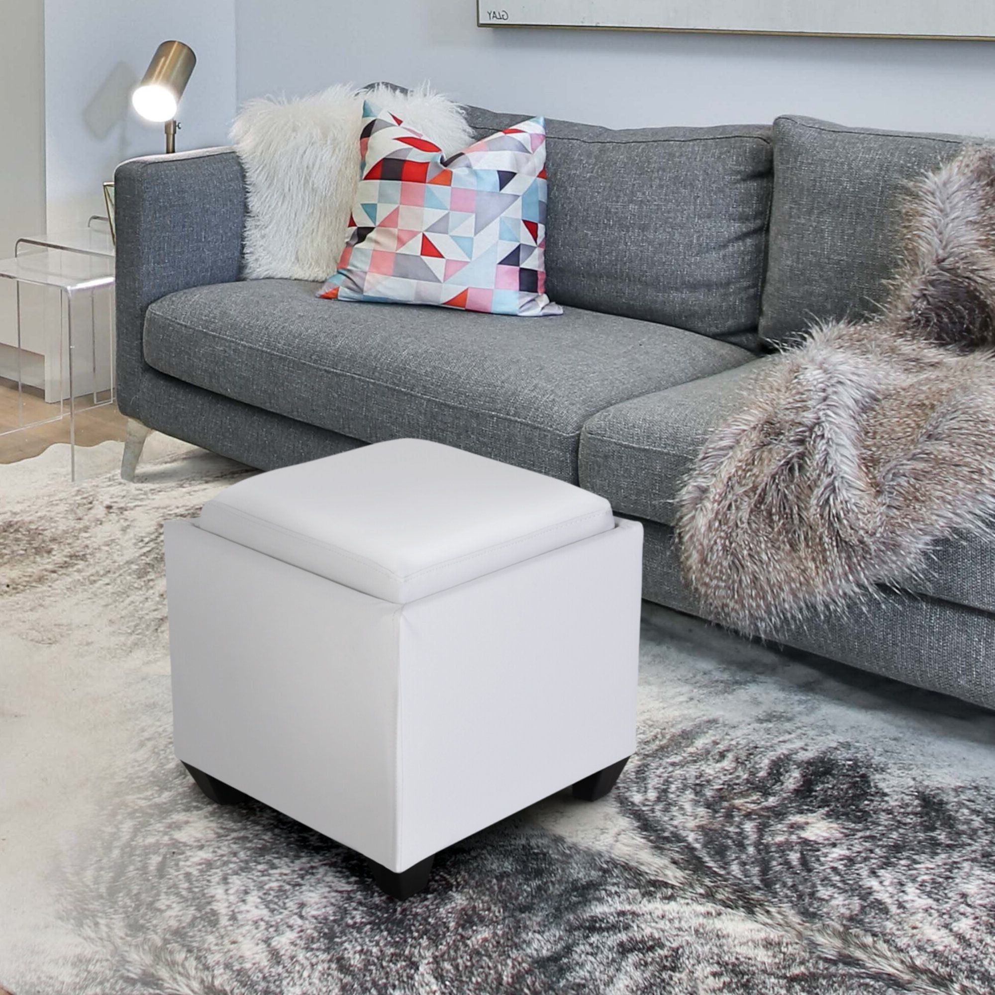 Silver Faux Leather Ottomans With Pull Tab Intended For Well Liked Zenvida Square Storage Ottoman With Tray, Small Cube Footstool (View 3 of 10)