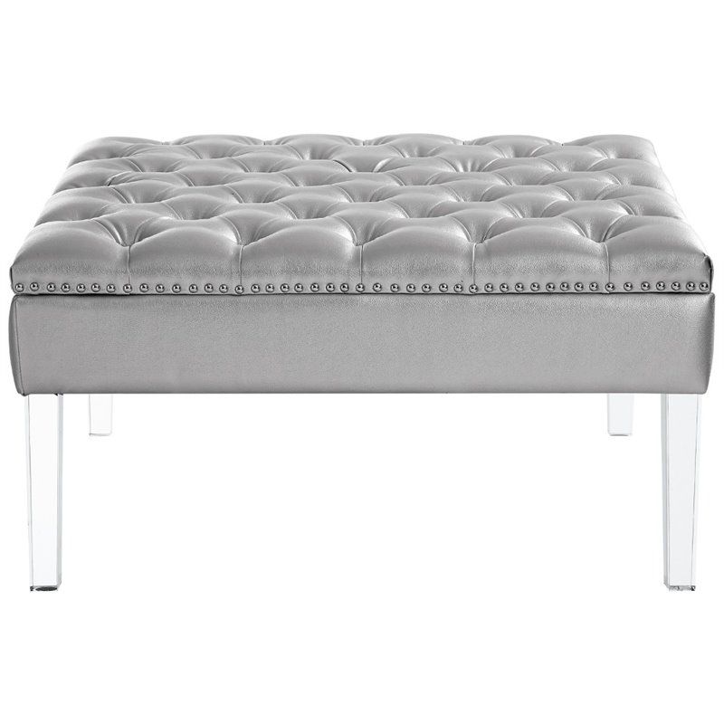 Silver Faux Leather Ottomans With Pull Tab With Famous Posh Luke Tufted Faux Leather Oversized Ottoman With Acrylic Legs In (View 9 of 10)