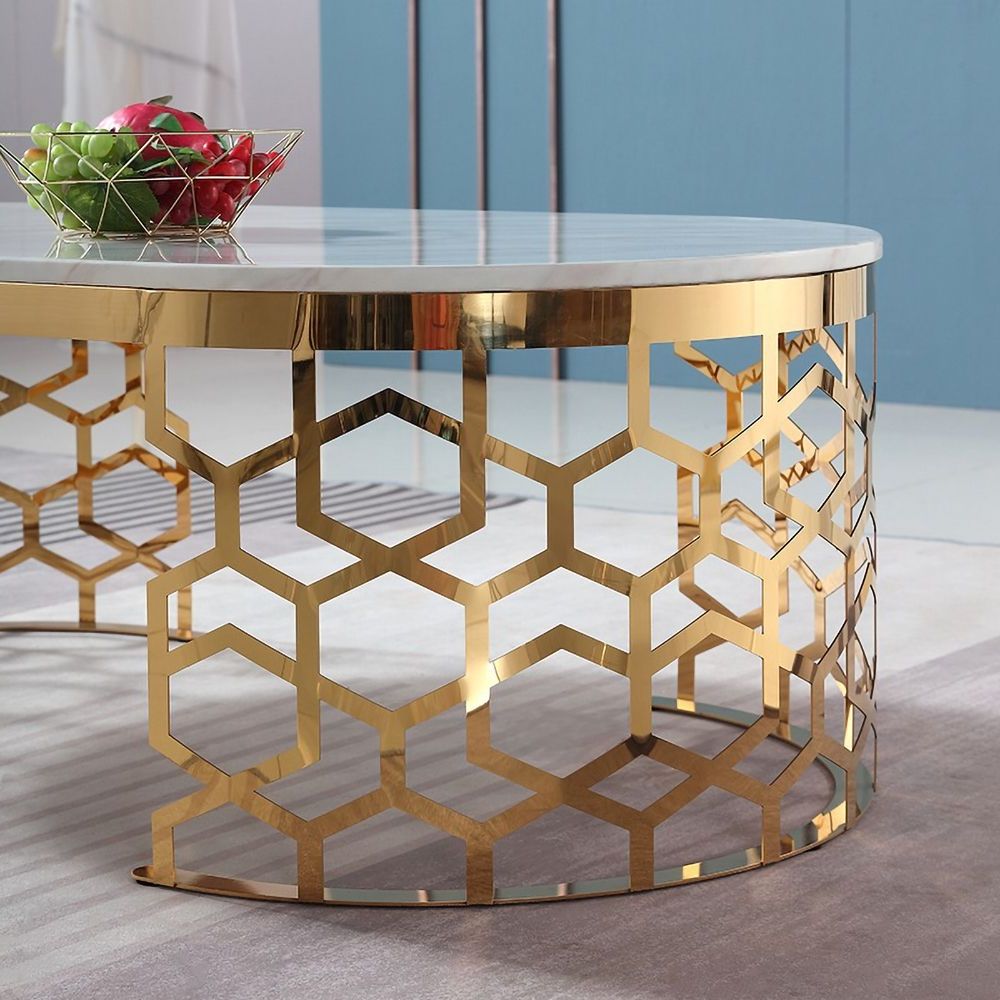 Silver Stainless Steel Coffee Tables Inside Most Current Modern Oval Coffee Table Marble Top With Stainless Steel Frame (View 1 of 10)