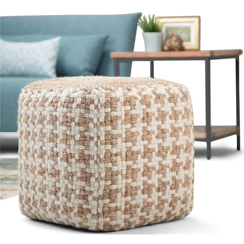 Simpli Home Cullen Transitional Woven Wool And Jute Ottoman In Natural For Well Known Charcoal And White Wool Pouf Ottomans (View 5 of 10)