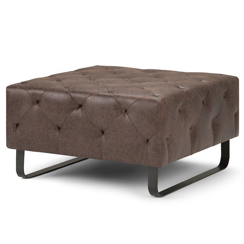Simpli Home Orla Faux Leather Coffee Table Ottoman In Distressed Brown Regarding Well Liked Espresso Leather And Tan Canvas Pouf Ottomans (View 4 of 10)