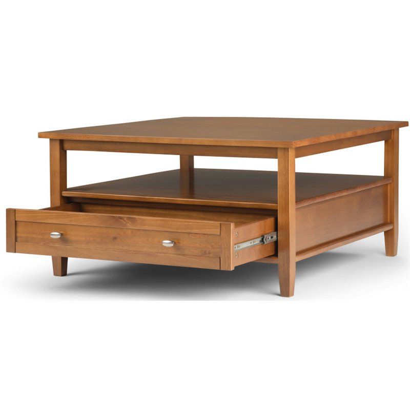 Simpli Home Warm Shaker Solid Wood Square Coffee Table In Light Golden In Most Recent Warm Pecan Coffee Tables (View 10 of 10)