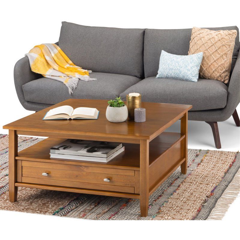 Simpli Home Warm Shaker Solid Wood Square Coffee Table In Light Golden Throughout Favorite Warm Pecan Coffee Tables (View 4 of 10)