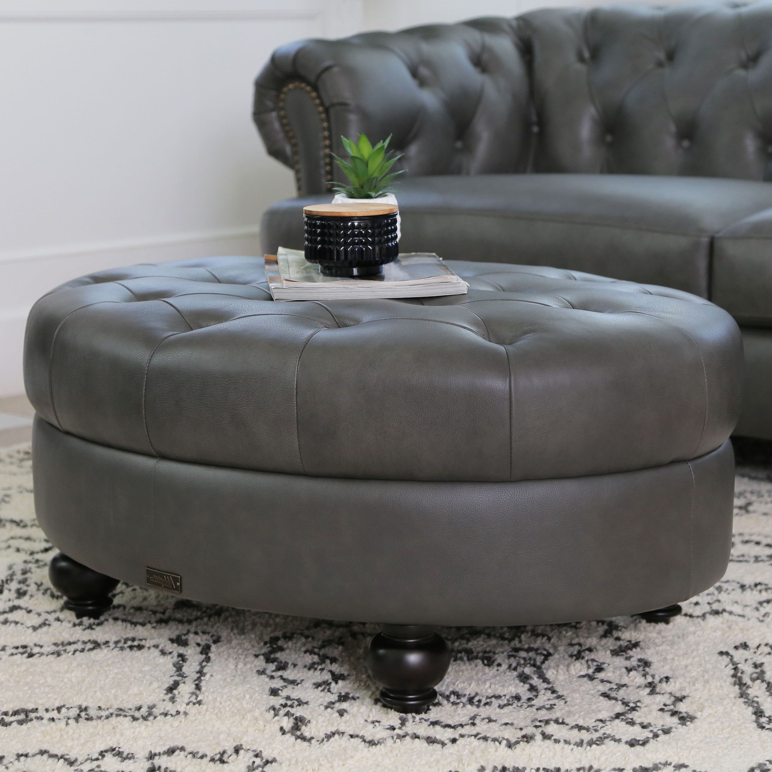 Small White Hide Leather Ottomans With Regard To 2020 Devon & Claire Landon Tufted Top Grain Leather Round Ottoman, Gray (View 9 of 10)