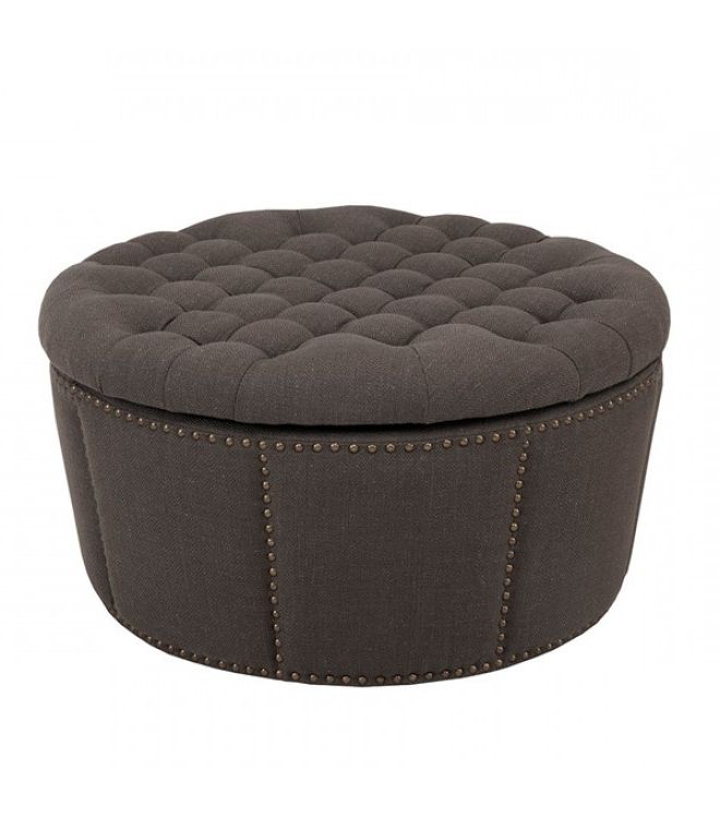 Smoke Gray  Round Ottomans Within Best And Newest Charcoal Grey Tufted & Studded Round Storage Ottoman Footstool (View 4 of 10)