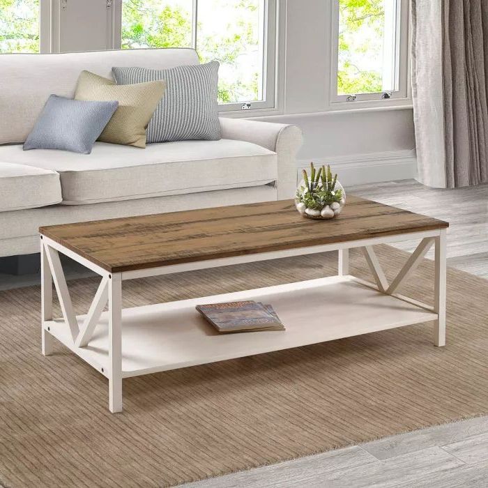 Smoke Gray Wood Square Coffee Tables For Most Up To Date 48" Two Tone Distressed Wood Farmhouse Coffee Table – Saracina Home In (View 1 of 10)