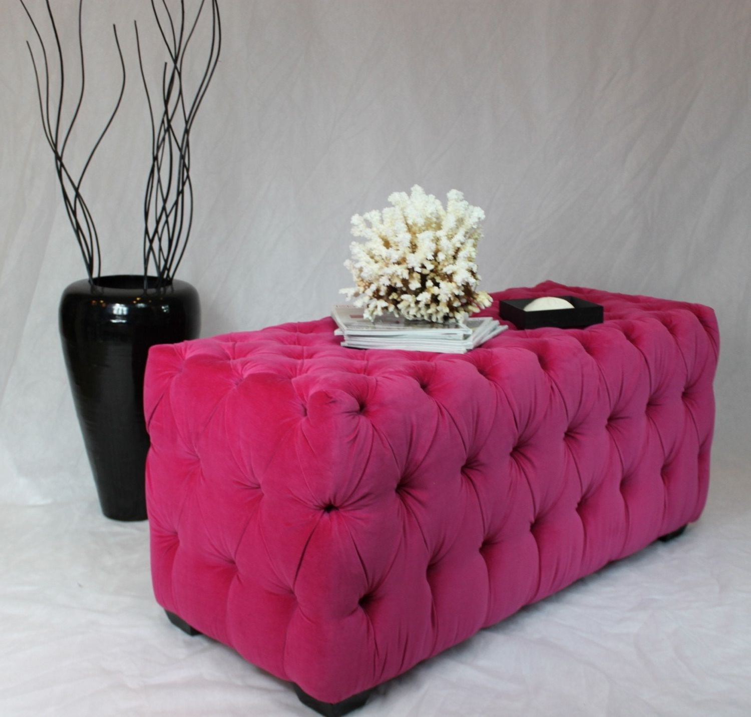 Sold Can Replicate Large Fuchsia Tufted Ottoman With Black Regarding Newest Pink Champagne Tufted Fabric Ottomans (View 4 of 10)