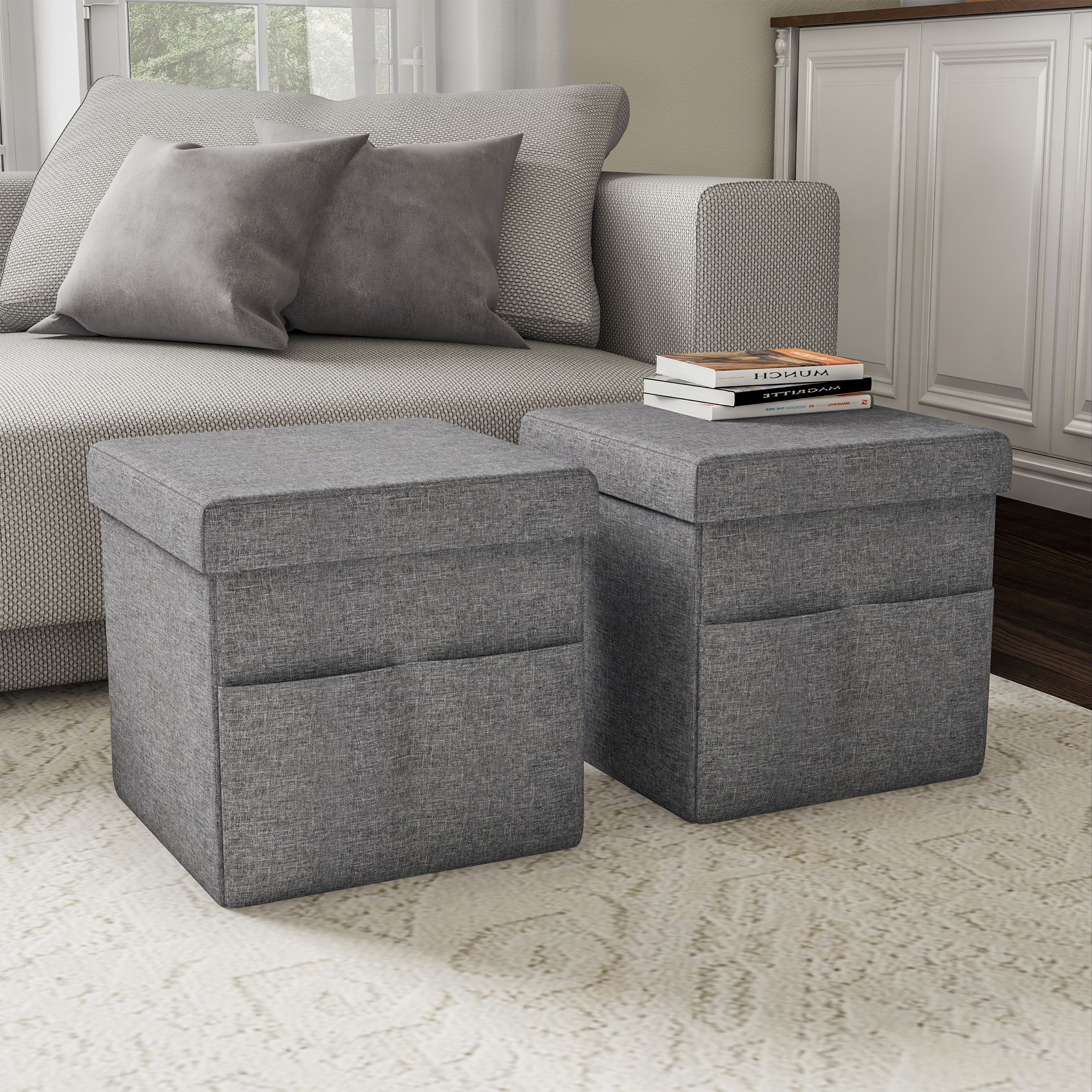 Square Cube Ottomans Inside Popular Foldable Storage Cube Ottoman With Pockets (pair, Charcoal Gray (View 1 of 10)