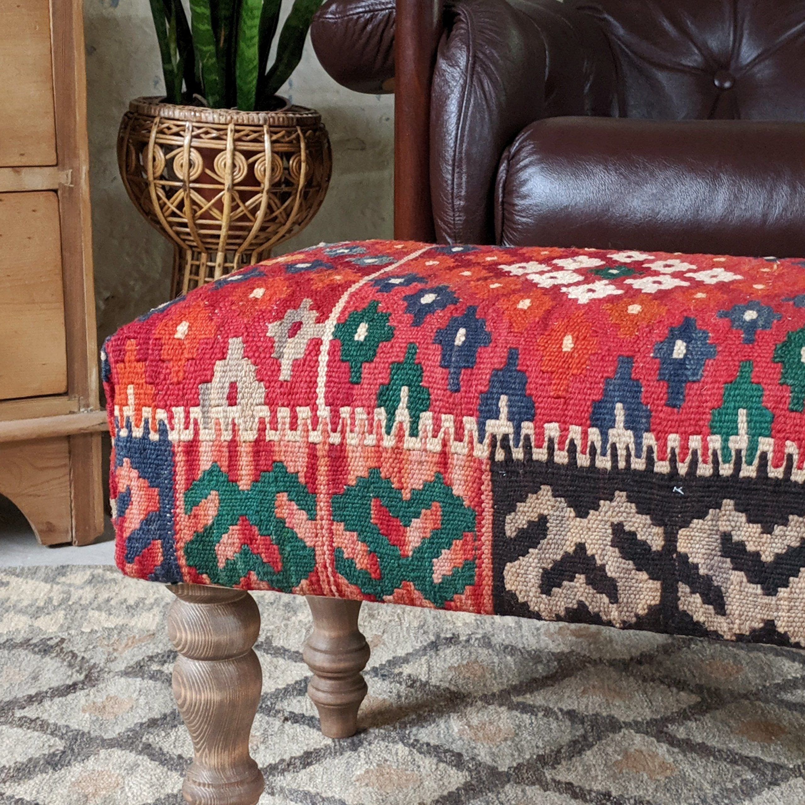 Stone Wool With Wooden Legs Ottomans Inside Newest Kilim Footstool – Handmade Red Kilim Wool Rug Ottoman Stool On Turned (View 8 of 10)