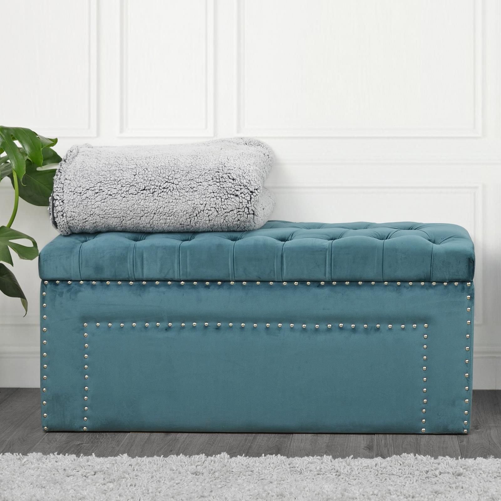 Storage Ottoman Large Blanket Box Padded Velvet Seat Bench Silver Studs Intended For Trendy Silver Faux Leather Ottomans With Pull Tab (View 6 of 10)