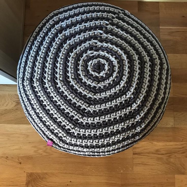 Striped Grey Crochet Pouf Ottoman Footstool, Knit Scandinavian Pouf In Widely Used Gray Stripes Cylinder Pouf Ottomans (View 3 of 10)