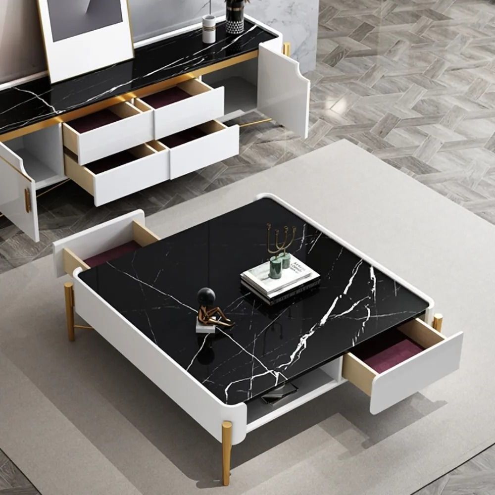Swan Black Coffee Tables With Regard To Fashionable White And Black Faux Marble Square Coffee Table With Storage Gold Legs (View 6 of 10)