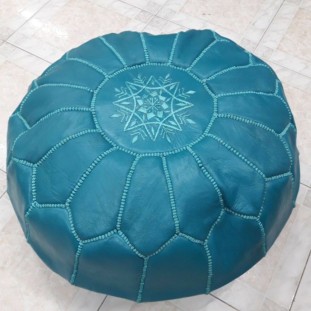 Textured Aqua Round Pouf Ottomans In Most Current Moroccan Pouf Turquoise Moroccan Leather Pouf Ottoman Footstool (View 5 of 10)