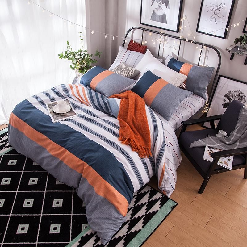 Trendy 2021 Gray,orange,navy Blue And White Stripe Duvet Cover Sets,queen Size Pertaining To Navy Blue And White Striped Ottomans (View 5 of 10)