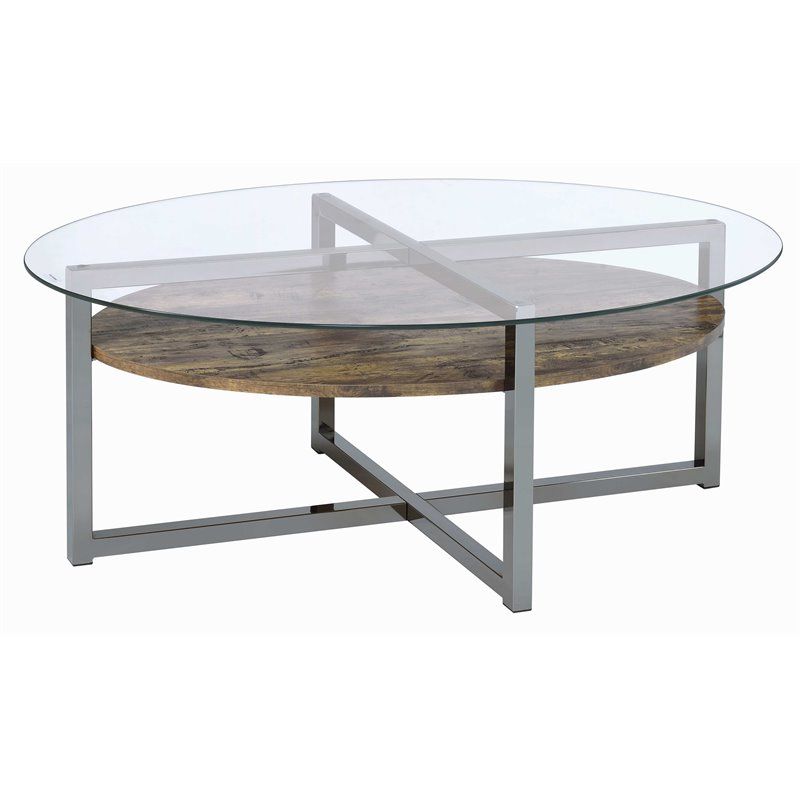 Trendy Black Round Glass Top Cocktail Tables With Regard To Acme Janette Round Glass Top Coffee Table In Weather Oak Black Nickel (View 7 of 10)