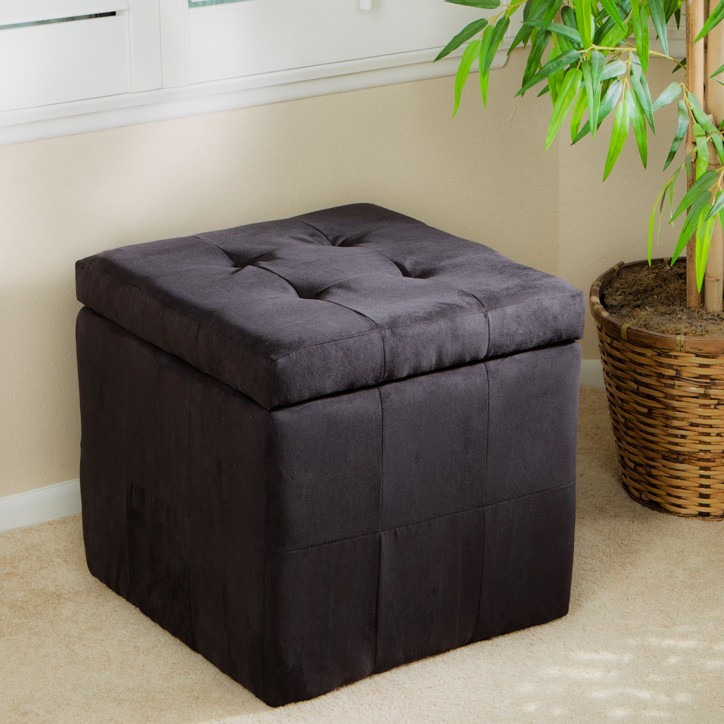 Trendy Brown Fabric Tufted Surfboard Ottomans With Regard To Tufted Black Fabric Storage Cube Ottoman – 13915122 – Overstock (View 6 of 10)