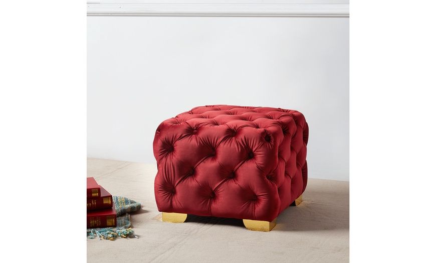 Trendy Glam Light Pink Velvet Tufted Ottomans Regarding Lea Luxe And Glam Velvet Fabric Gold Accents Tufted Cube Ottoman (View 5 of 10)