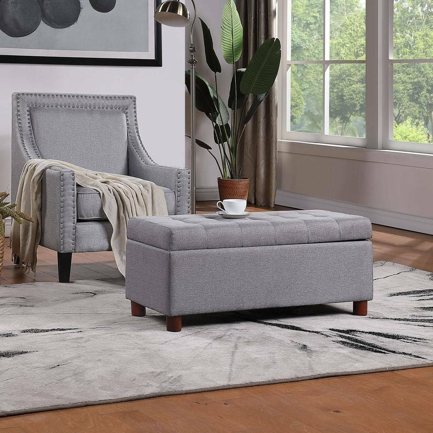 Trendy Gray Fabric Tufted Oval Ottomans For 39'' Rectangular Storage Bench Tufted Linen Fabric Ottom (View 6 of 10)